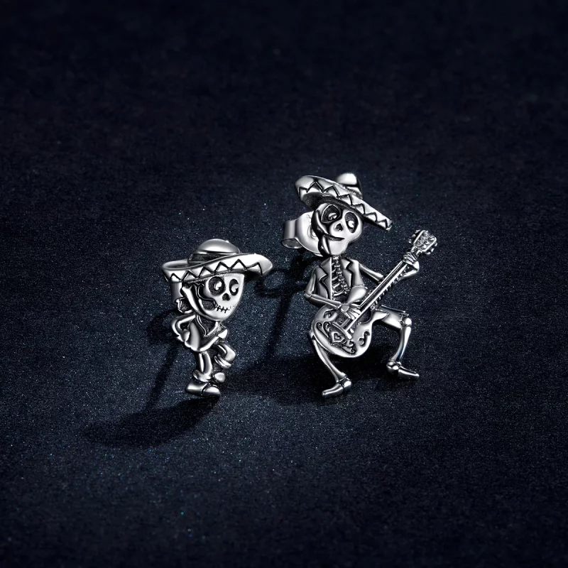 (image pour) Boucles d'oreilles clous en argent style Pandora avec tête de mort de guitare - - Afficher 3