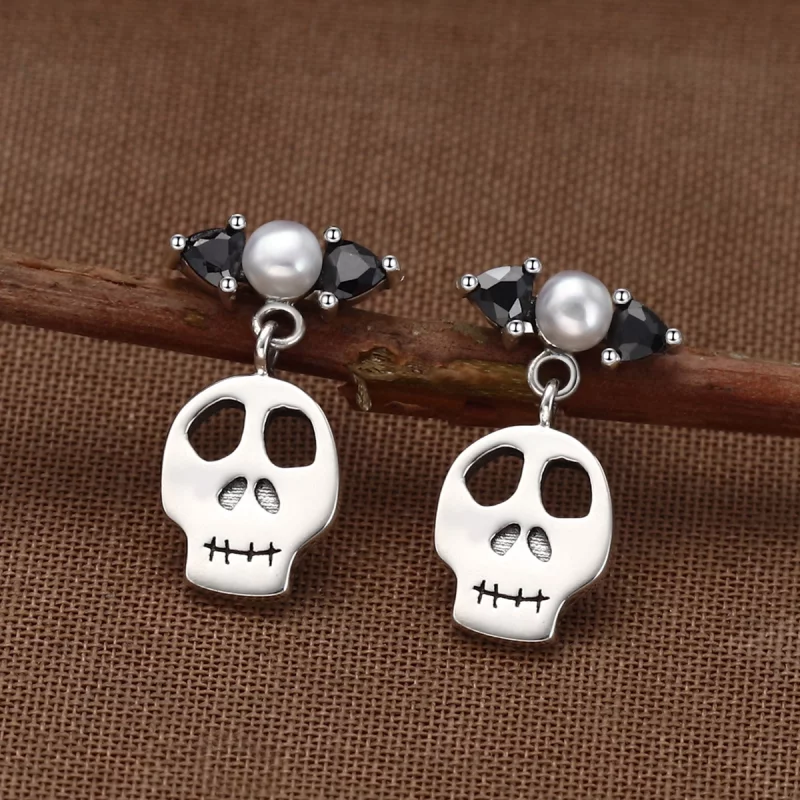 (image pour) Boucles d'oreilles pendantes en argent de style Pandora avec crâne - VSE084 - Afficher 3