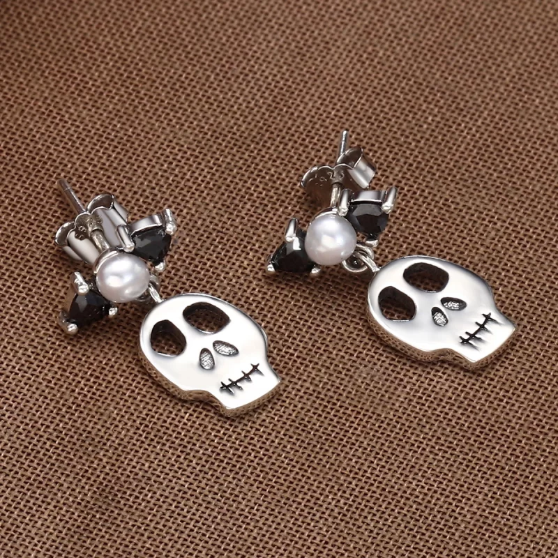 (image pour) Boucles d'oreilles pendantes en argent de style Pandora avec crâne - VSE084 - Afficher 4