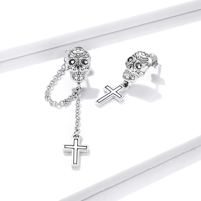 (image pour) Boucles d'oreilles pendantes en argent style Pandora avec croix et crâne - BSE41 - Afficher 3