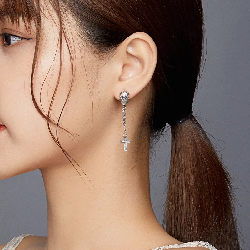(image pour) Boucles d'oreilles pendantes en argent style Pandora avec croix et crâne - BSE41 - Afficher 6