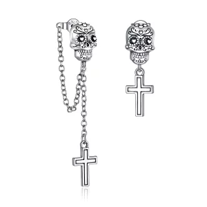 Boucles d'oreilles pendantes en argent style Pandora avec croix et crâne - BSE419 (image pour) Boucles d'oreilles pendantes en argent style Pandora avec croix et crâne - BSE419