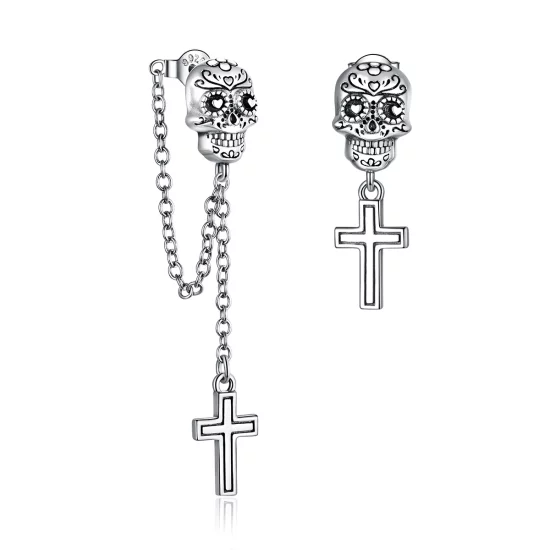 (image pour) Boucles d'oreilles pendantes en argent style Pandora avec croix et crâne - BSE419
