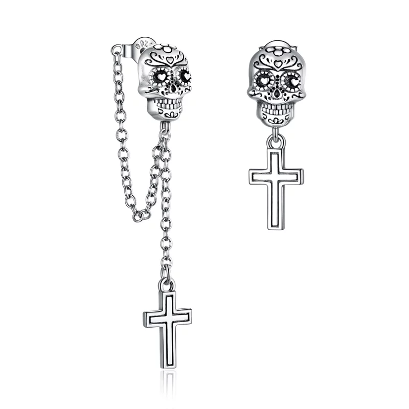(image pour) Boucles d'oreilles pendantes en argent style Pandora avec croix et crâne - BSE419