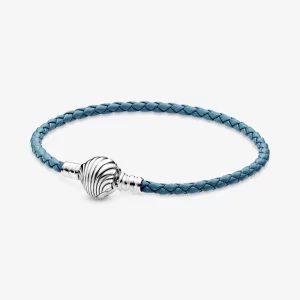 (image pour) Bracelet en cuir tresse turquoise fermoir coquillage pandora moments - 598951C01-S2