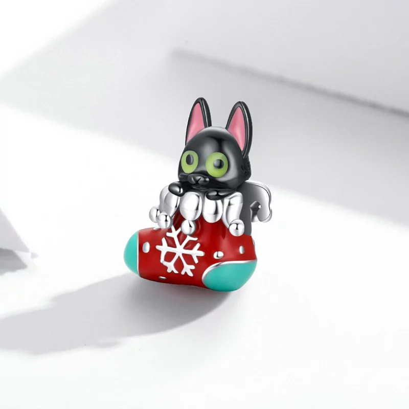 (image pour) Charm de Noël en forme de chaussettes argentées avec chaton - Style Pandora - SC - Afficher 2