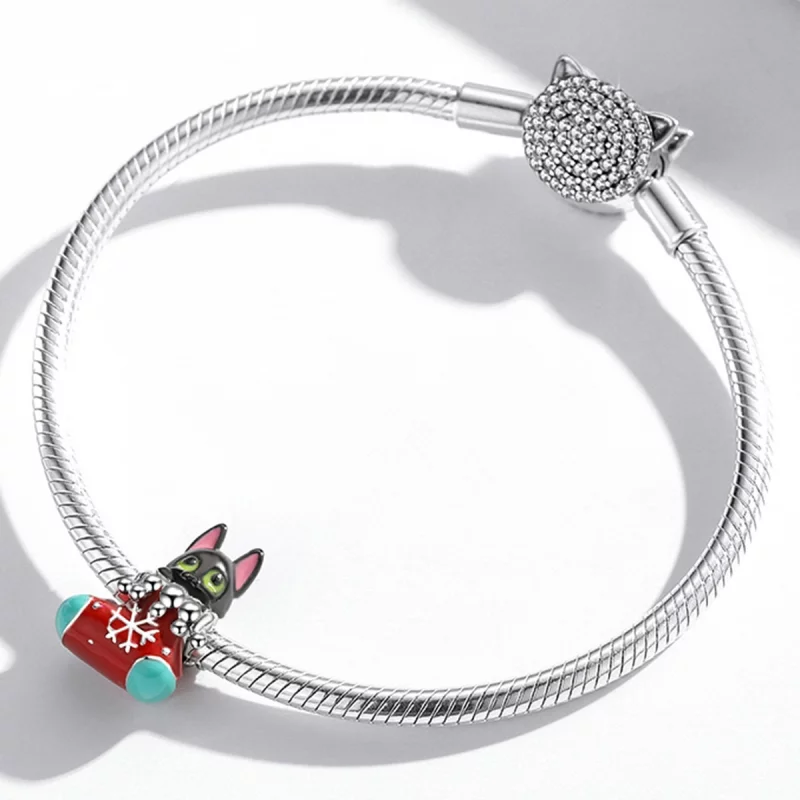 (image pour) Charm de Noël en forme de chaussettes argentées avec chaton - Style Pandora - SC - Afficher 3