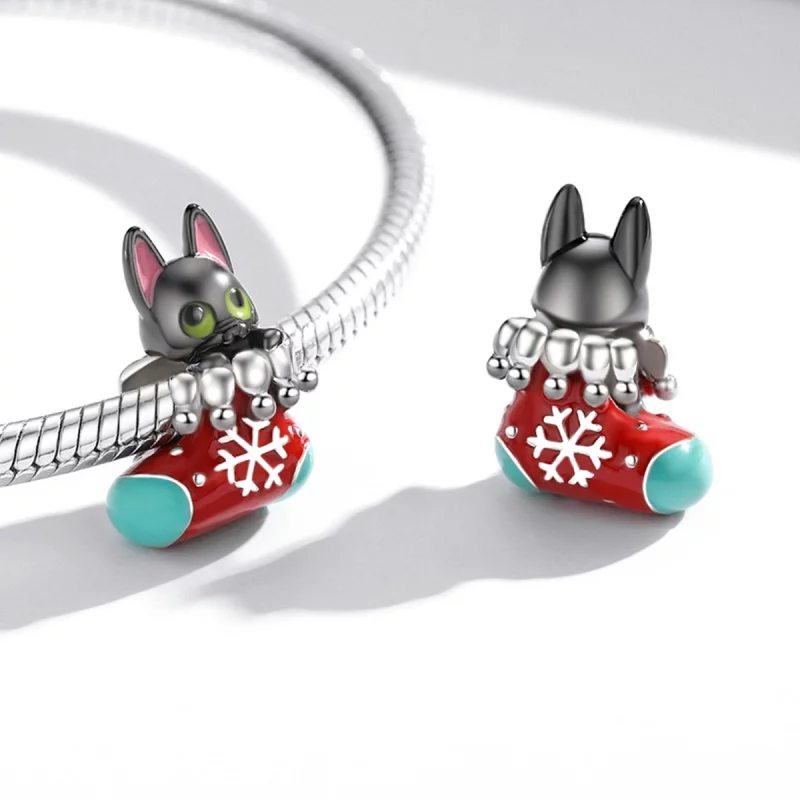 (image pour) Charm de Noël en forme de chaussettes argentées avec chaton - Style Pandora - SC - Afficher 4