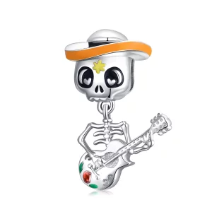 Charm de style Pandora en argent représentant un homme crâne avec une guitare - BSC327 (image pour) Charm de style Pandora en argent représentant un homme crâne avec une guitare - BSC327