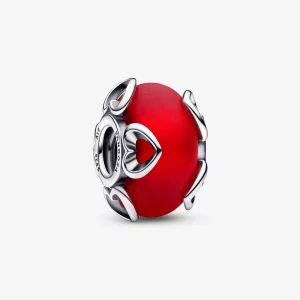 (image pour) Charm en verre de Murano rouge givré et cœurs PANDORA - 792497C01