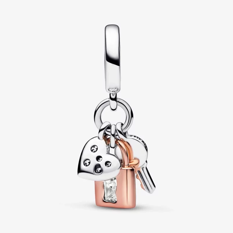 (image pour) PANDORA Clé bicolore, cadenas et cœur à triple breloque - 782506C01 - Afficher 3
