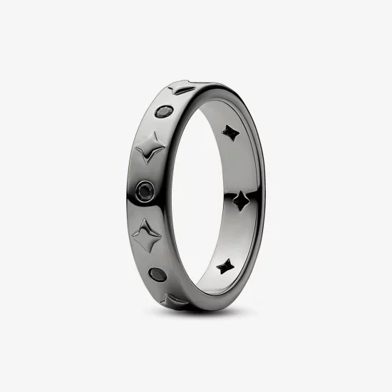 (image pour) Bague Pandora Star en alliage métallique unique plaqué ruthénium avec cristal noir - 142784c01
