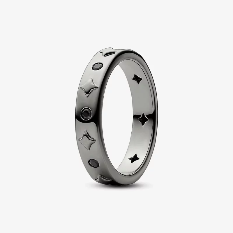 (image pour) Bague Pandora Star en alliage métallique unique plaqué ruthénium avec cristal noir - 142784c01