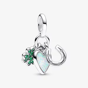 Pandora Trèfle à Quatre Feuilles, Cœur et Fer à Cheval Charm Triple Dangle - 792755C01 (image pour) Pandora Trèfle à Quatre Feuilles, Cœur et Fer à Cheval Charm Triple Dangle - 792755C01