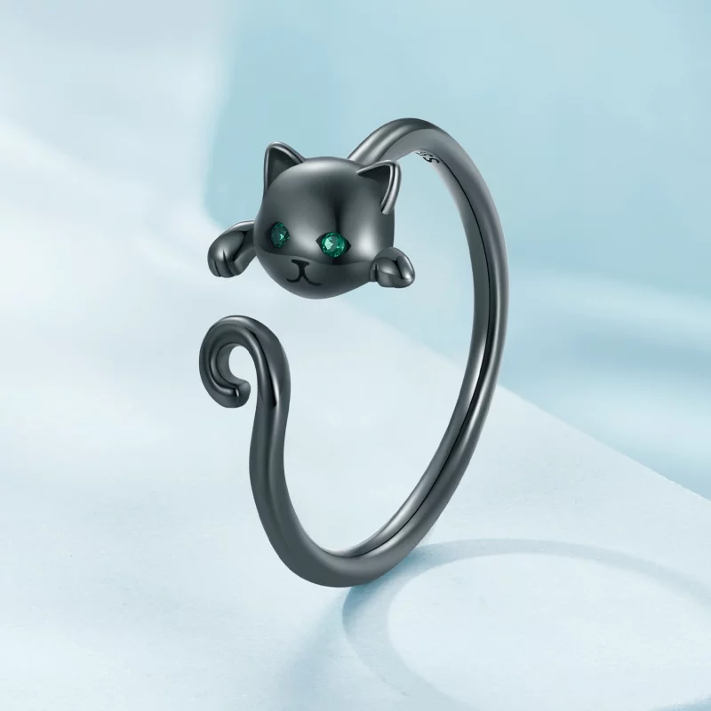 (image pour) Bague ouverte noire avec mignon chat style Pandora - SCR707-D - Afficher 2