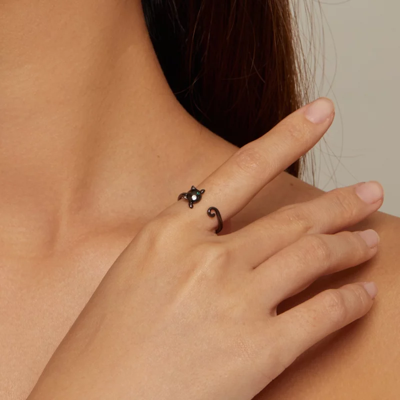 (image pour) Bague ouverte noire avec mignon chat style Pandora - SCR707-D - Afficher 4