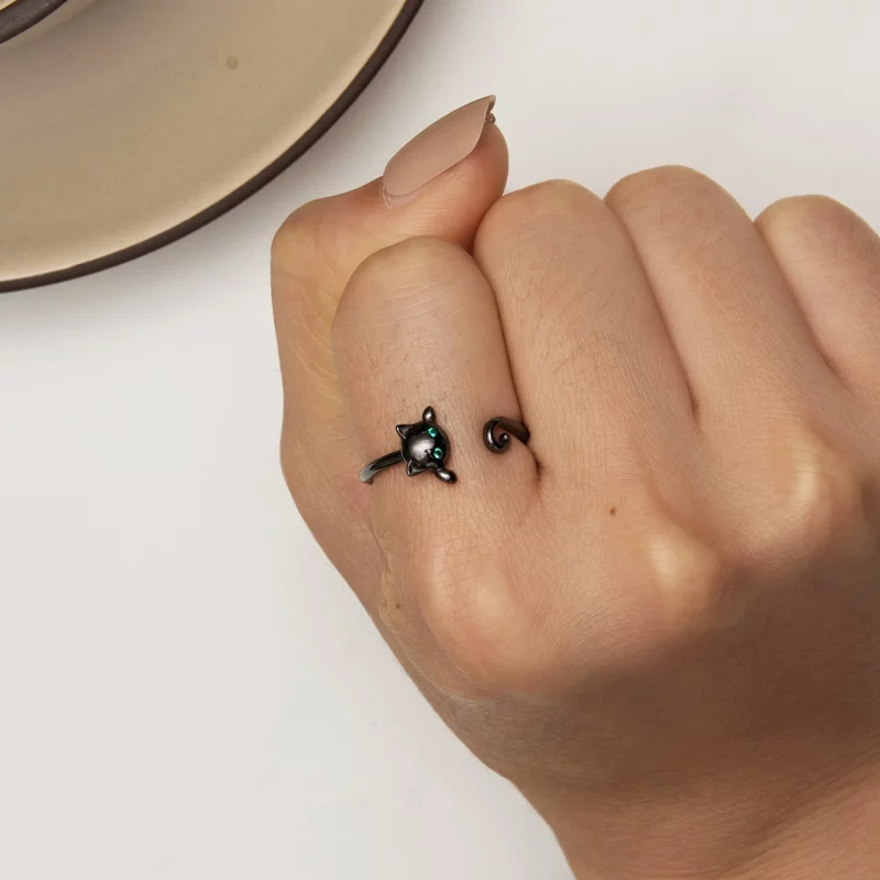 (image pour) Bague ouverte noire avec mignon chat style Pandora - SCR707-D - Afficher 6