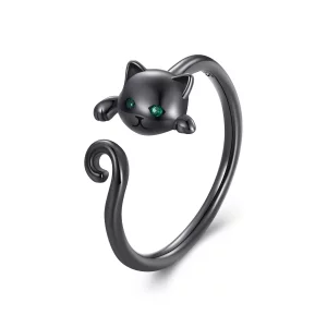 Bague ouverte noire avec mignon chat style Pandora - SCR707-D (image pour) Bague ouverte noire avec mignon chat style Pandora - SCR707-D