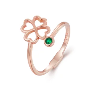 Bague ouverte à quatre feuilles en style Pandora, en or rose - SCR843-C (image pour) Bague ouverte à quatre feuilles en style Pandora, en or rose - SCR843-C