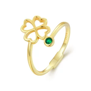 (image pour) Bague ouverte style Pandora en forme de trèfle à quatre feuilles doré - SCR843-B