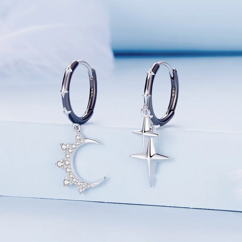 (image pour) Boucles d'oreilles à anneaux avec étoiles et lune dans le style Pandora - BSE805 - Afficher 2