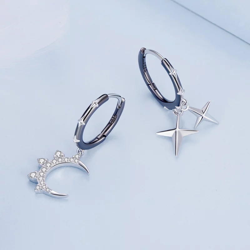 (image pour) Boucles d'oreilles à anneaux avec étoiles et lune dans le style Pandora - BSE805 - Afficher 3