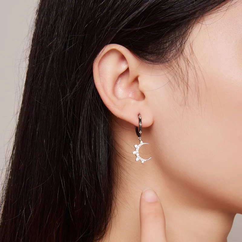 (image pour) Boucles d'oreilles à anneaux avec étoiles et lune dans le style Pandora - BSE805 - Afficher 7