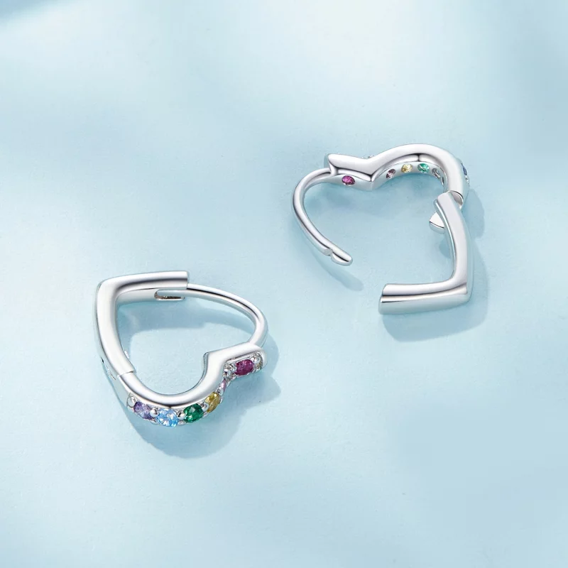 (image pour) Boucles d'oreilles à anneaux en forme de cœur arc-en-ciel de style Pandora - SCE - Afficher 4