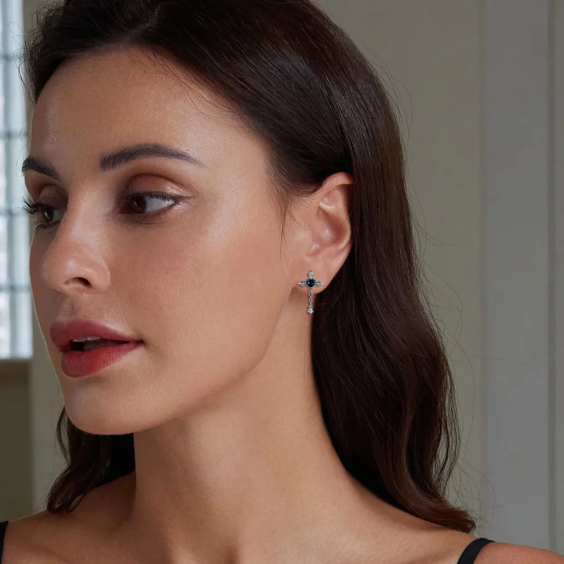 (image pour) Boucles d'oreilles clous à chaîne croisée de style Pandora - BSE912 - Afficher 6