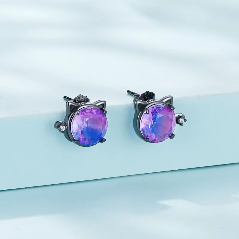 (image pour) Boucles d'oreilles clous de style Pandora avec motif de chat - SCE1568 - Afficher 2
