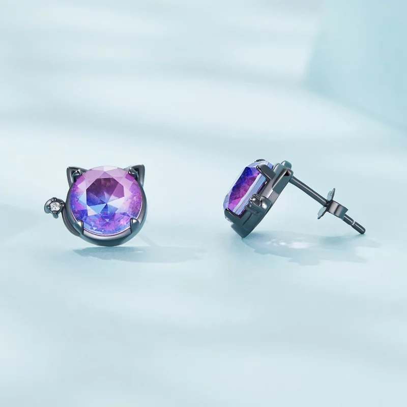 (image pour) Boucles d'oreilles clous de style Pandora avec motif de chat - SCE1568 - Afficher 3