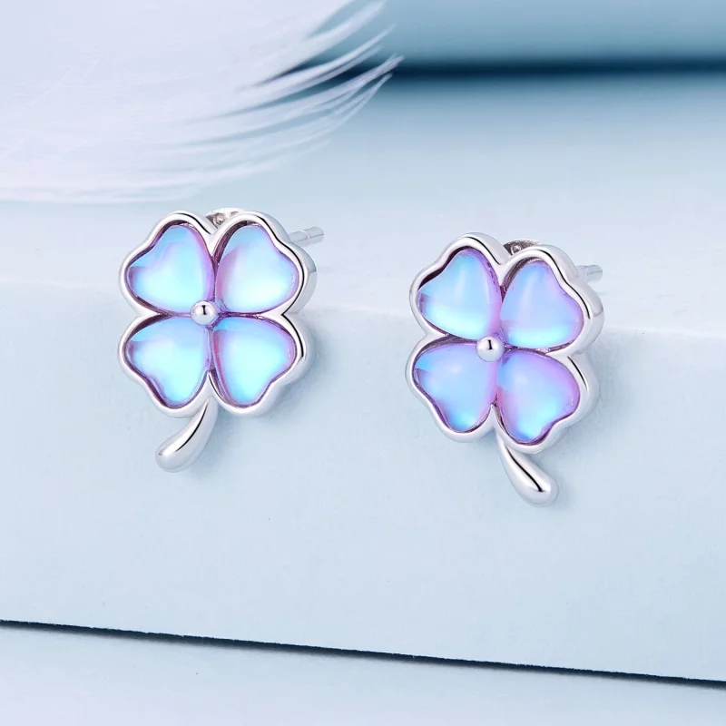 (image pour) Boucles d'oreilles à clous de style Pandora avec trèfle à quatre feuilles - BSE9 - Afficher 2