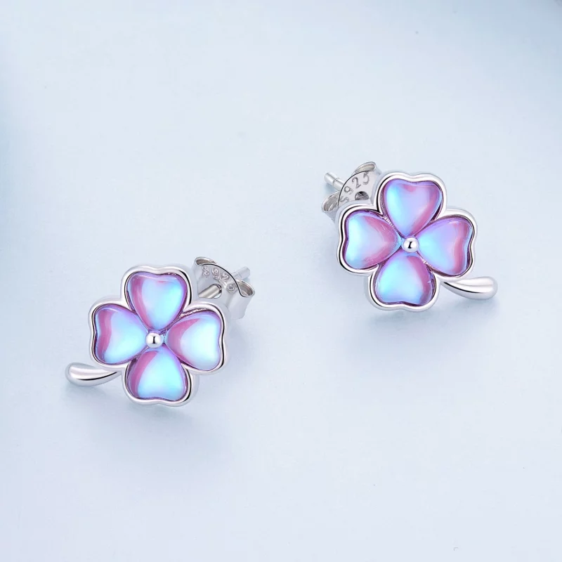 (image pour) Boucles d'oreilles à clous de style Pandora avec trèfle à quatre feuilles - BSE9 - Afficher 3