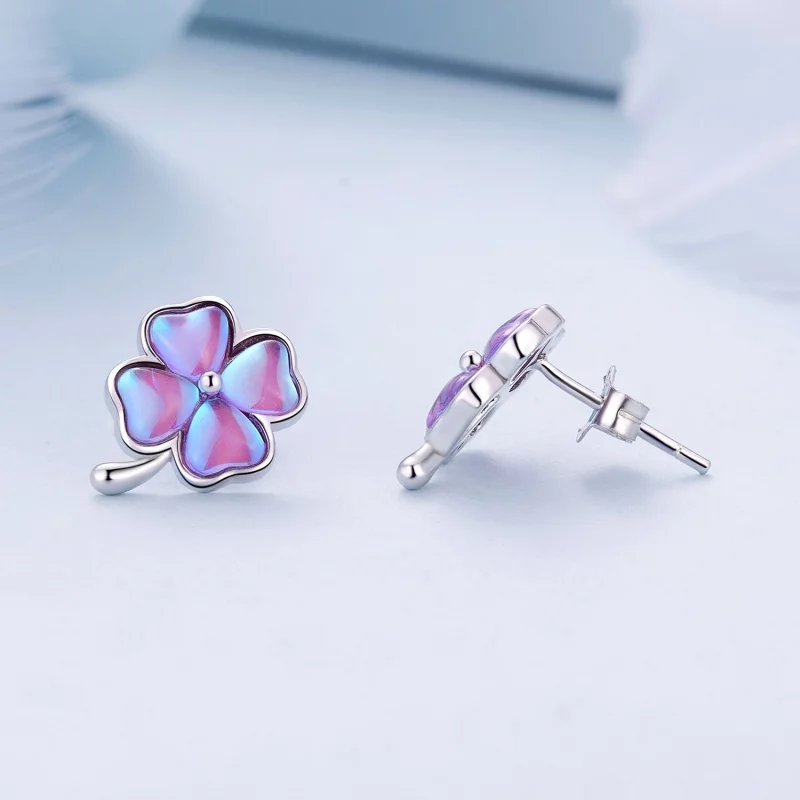 (image pour) Boucles d'oreilles à clous de style Pandora avec trèfle à quatre feuilles - BSE9 - Afficher 4