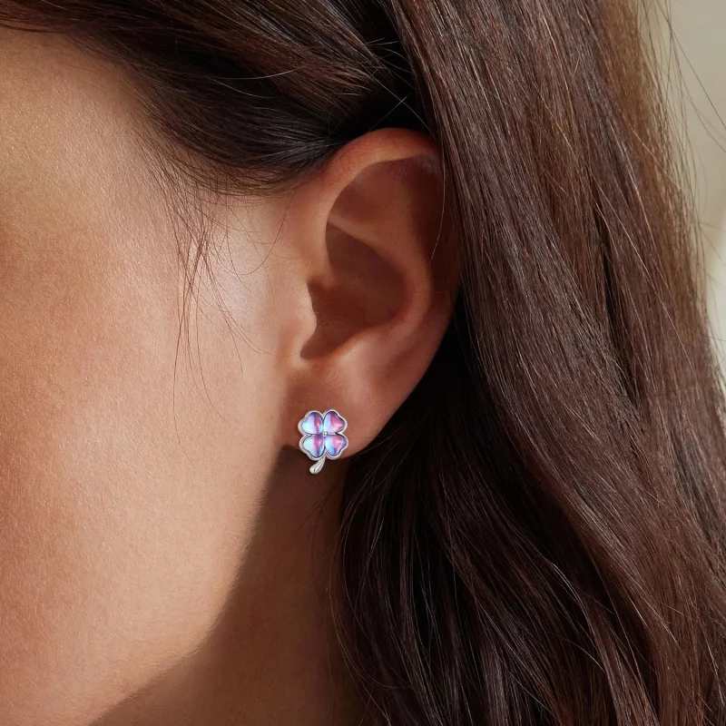 (image pour) Boucles d'oreilles à clous de style Pandora avec trèfle à quatre feuilles - BSE9 - Afficher 5