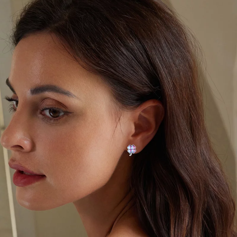 (image pour) Boucles d'oreilles à clous de style Pandora avec trèfle à quatre feuilles - BSE9 - Afficher 6