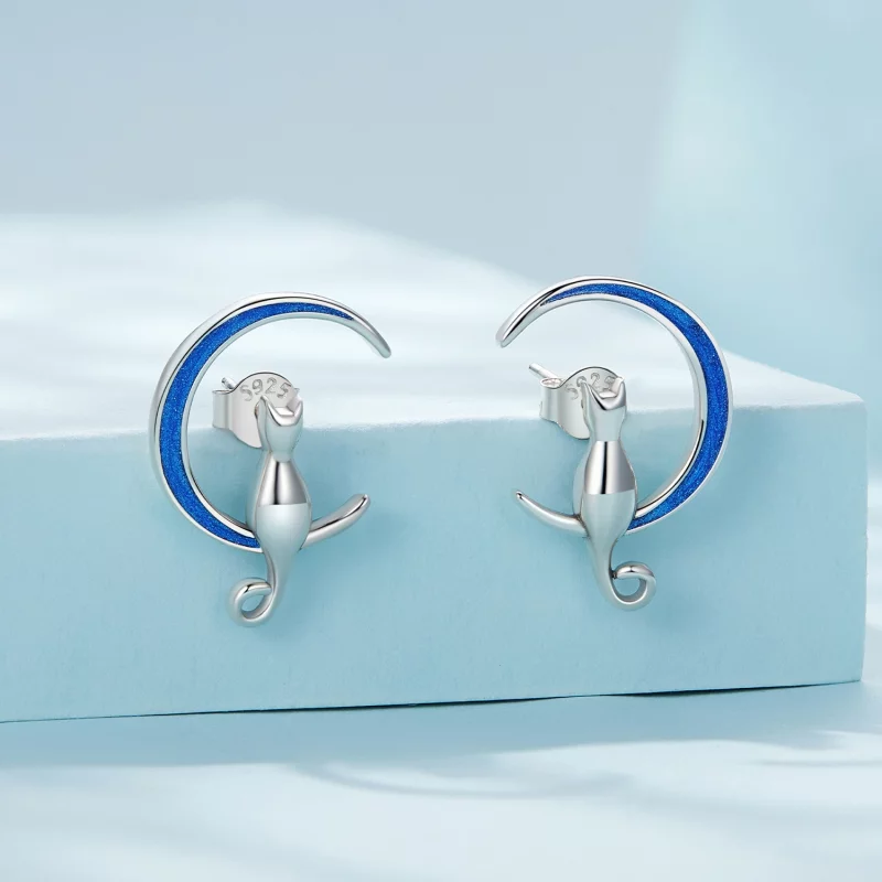 (image pour) Boucles d'oreilles à clous de style Pandora avec une lune et un chat - SCE1609 - Afficher 2