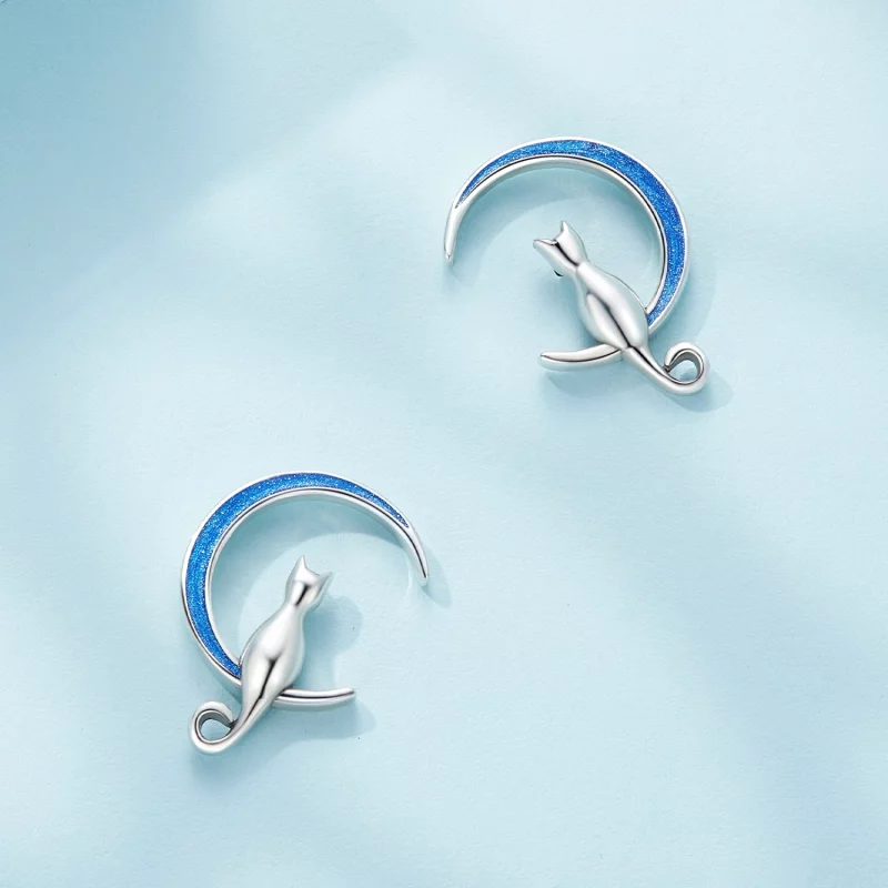 (image pour) Boucles d'oreilles à clous de style Pandora avec une lune et un chat - SCE1609 - Afficher 3