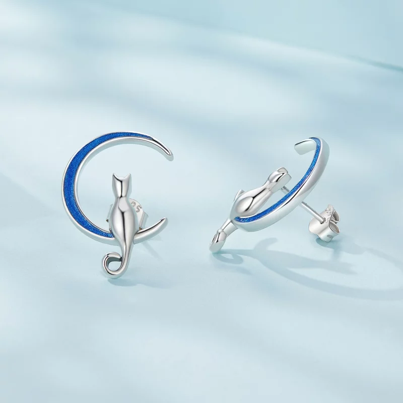 (image pour) Boucles d'oreilles à clous de style Pandora avec une lune et un chat - SCE1609 - Afficher 4