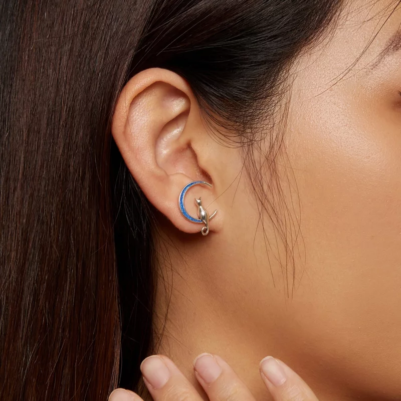 (image pour) Boucles d'oreilles à clous de style Pandora avec une lune et un chat - SCE1609 - Afficher 5