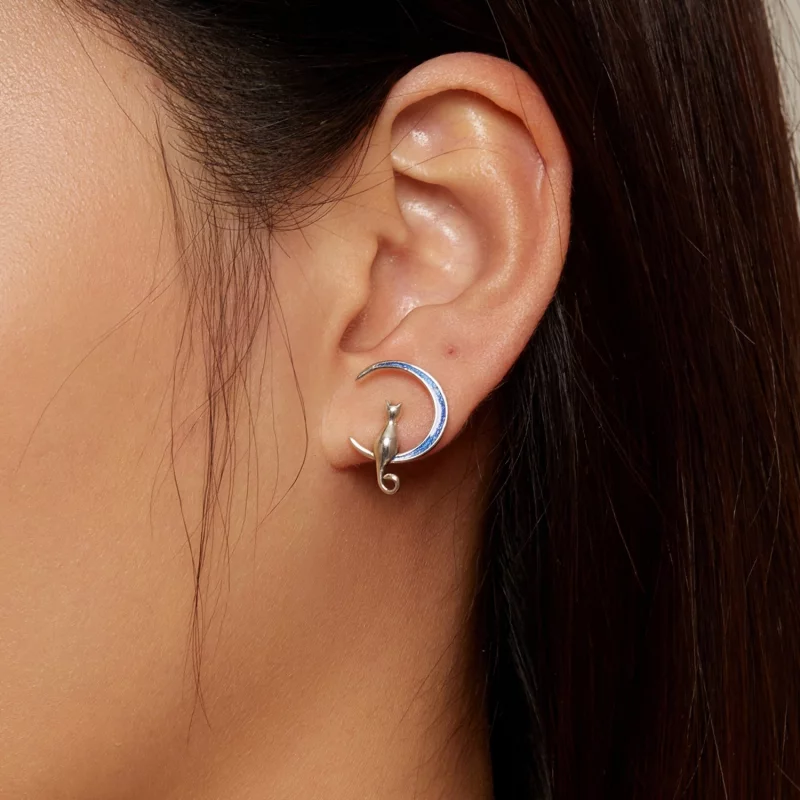 (image pour) Boucles d'oreilles à clous de style Pandora avec une lune et un chat - SCE1609 - Afficher 7