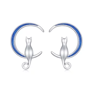 (image pour) Boucles d'oreilles à clous de style Pandora avec une lune et un chat - SCE1609
