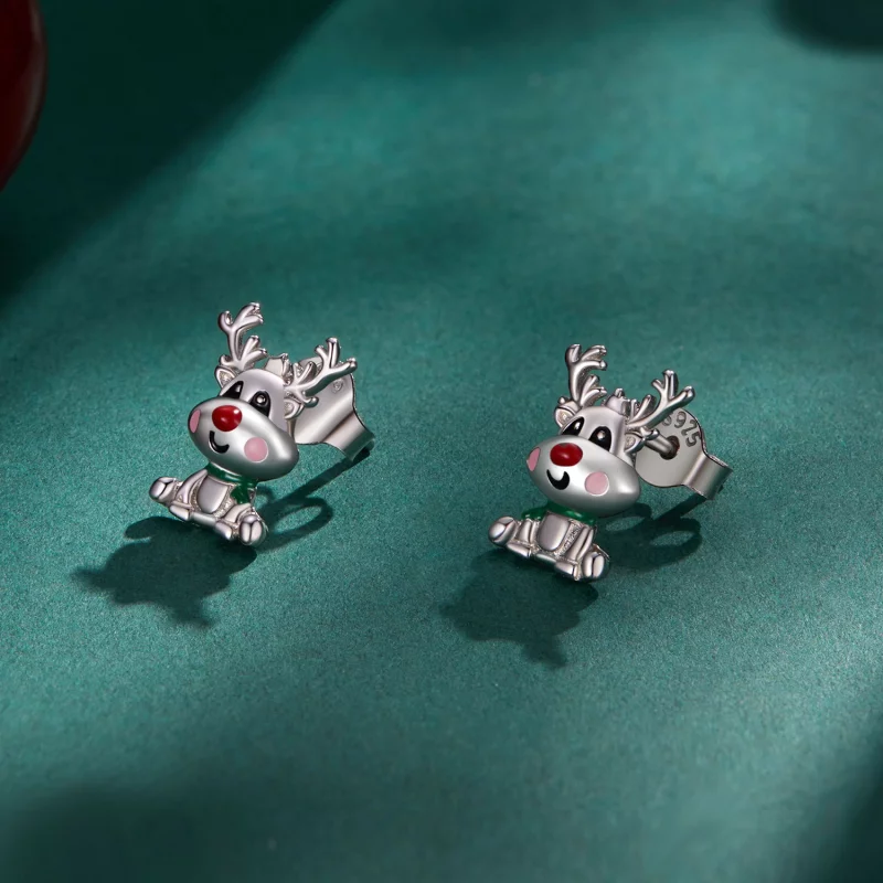 (image pour) Boucles d'oreilles clous de style Pandora pour Noël avec un motif de renne - BSE - Afficher 2
