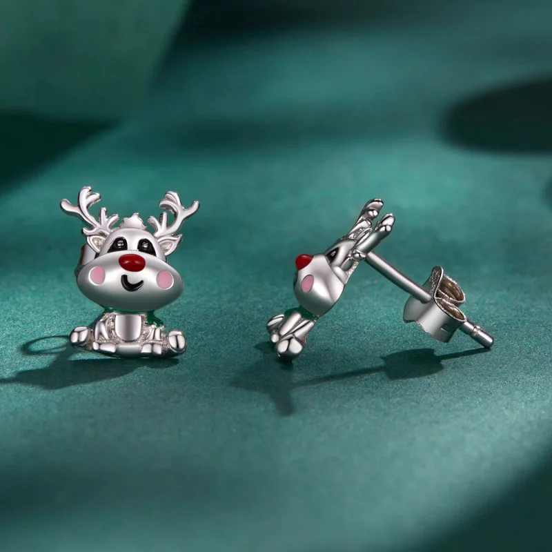 (image pour) Boucles d'oreilles clous de style Pandora pour Noël avec un motif de renne - BSE - Afficher 3