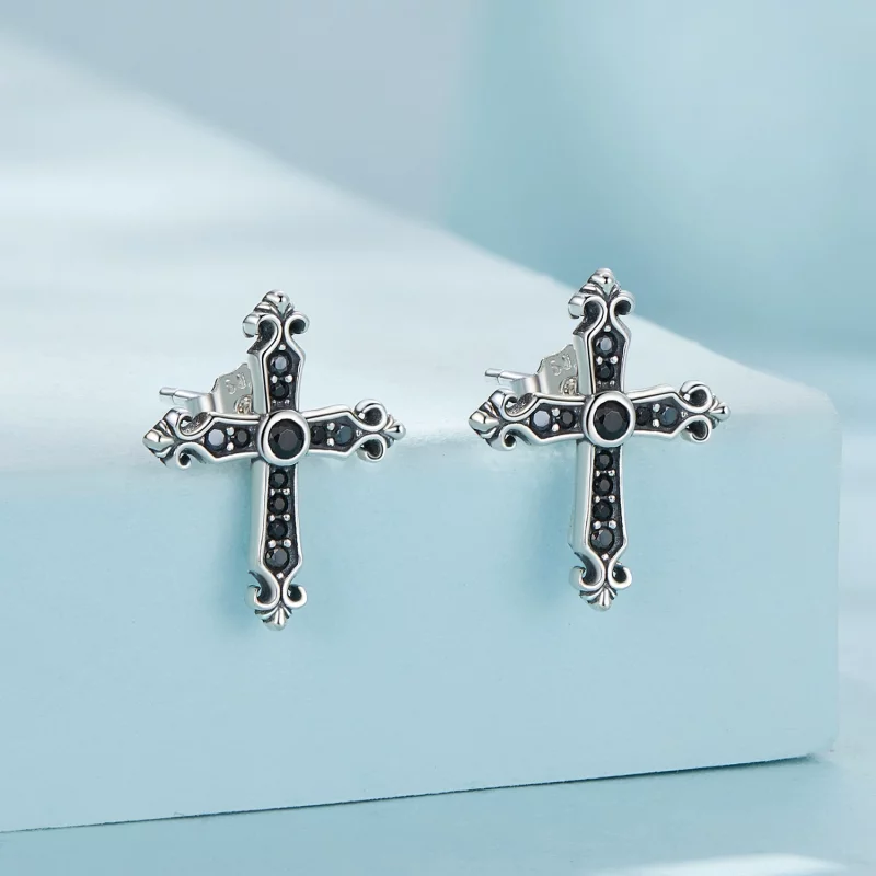 (image pour) Boucles d'oreilles clous de style Pandora vintage avec une croix - SCE1655 - Afficher 2