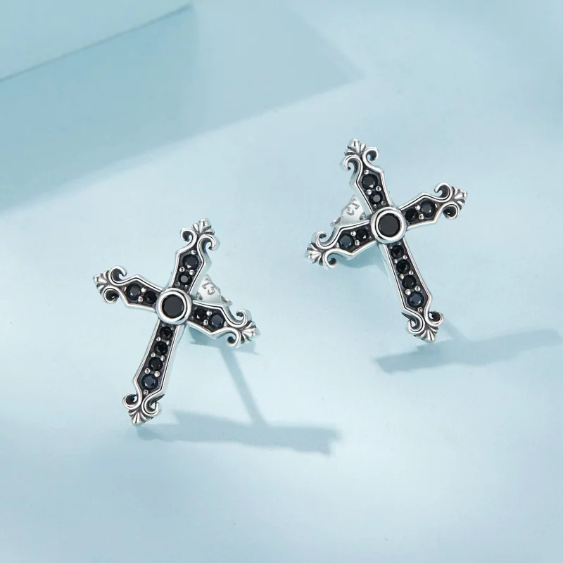 (image pour) Boucles d'oreilles clous de style Pandora vintage avec une croix - SCE1655 - Afficher 3