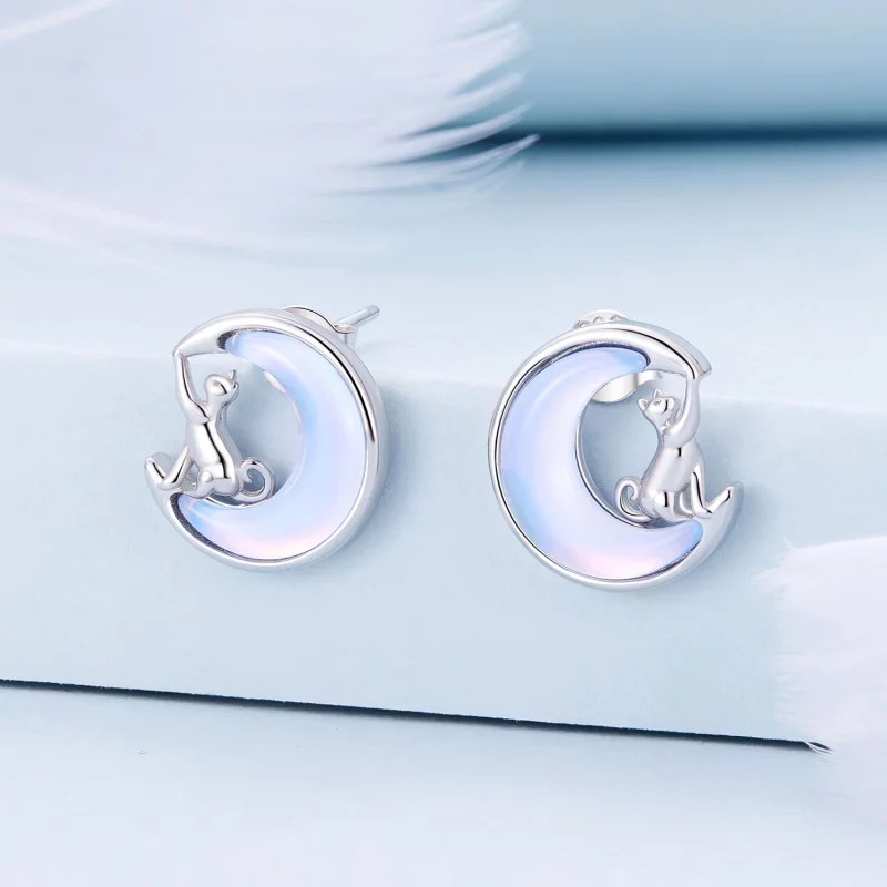 (image pour) Boucles d'oreilles clous style Pandora avec motif chat lunaire - BSE913 - Afficher 2