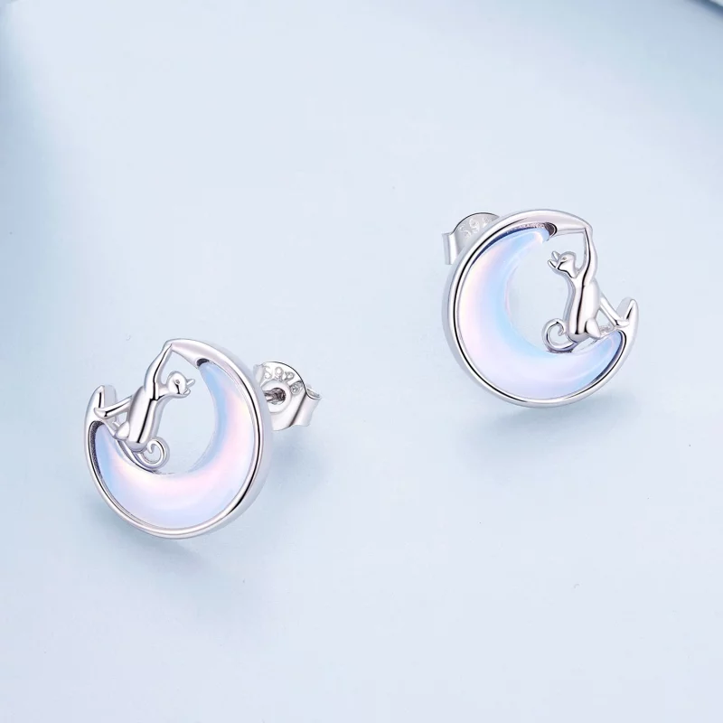 (image pour) Boucles d'oreilles clous style Pandora avec motif chat lunaire - BSE913 - Afficher 3