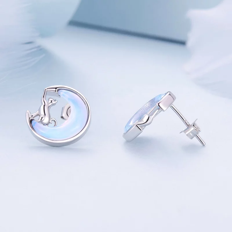 (image pour) Boucles d'oreilles clous style Pandora avec motif chat lunaire - BSE913 - Afficher 4