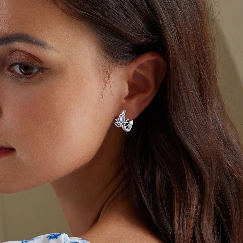 (image pour) Boucles d'oreilles créoles de style Pandora avec lotus - SCE1648 - Afficher 5